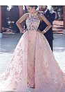 Stunning Pink Halter Prom Dress with Floral Appliques