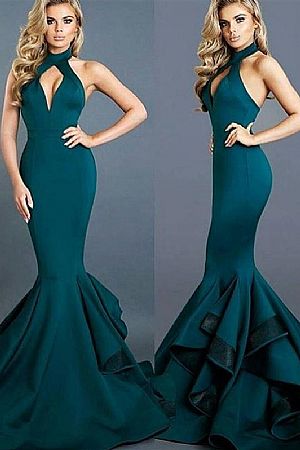 Sexy Halter Dark Green Evening Dress with Ruffles