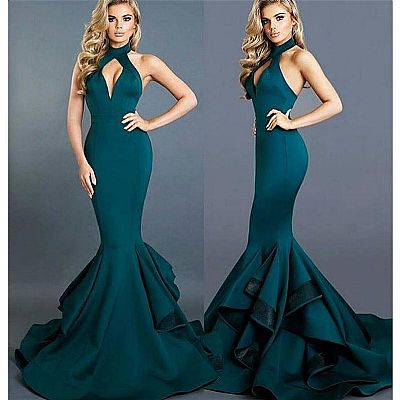 Sexy Halter Dark Green Evening Dress with Ruffles