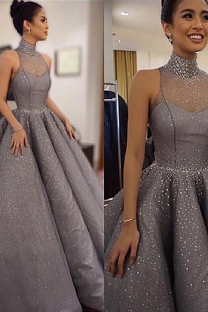 Gray Beaded Ball Gown Prom Graduation Dress