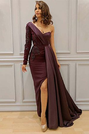 Sexy High Split Burgundy Prom Dress One Shoulder