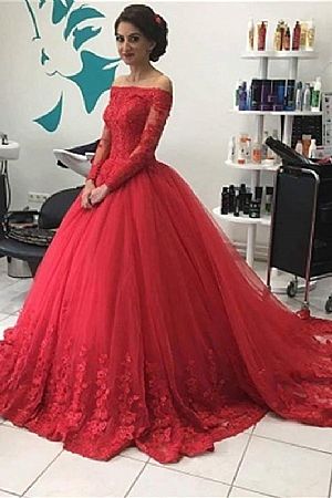 Red Lace Appliqued Ball Gown Prom Dress