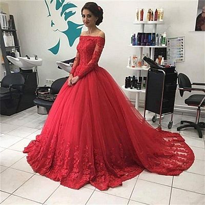 Red Lace Appliqued Ball Gown Prom Dress