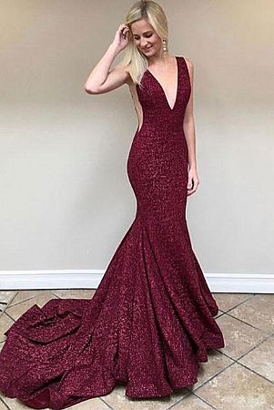 Sexy Burgundy Sequined Prom Evening Dress
