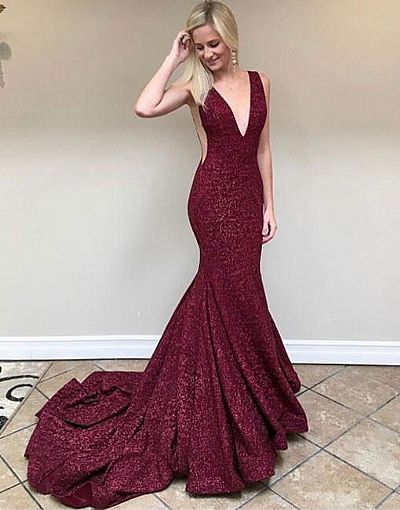 Sexy Burgundy Sequined Prom Evening Dress