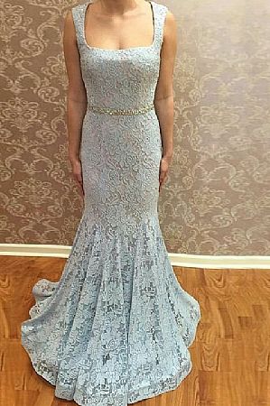 Elegant Blue Lace Evening Dresses with Belt