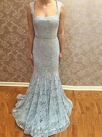 Elegant Blue Lace Evening Dresses with Belt