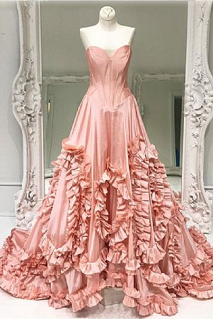 Sweetheart Pink Ruffled Prom Dresses Party Gowns
