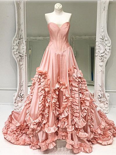 Sweetheart Pink Ruffled Prom Dresses Party Gowns