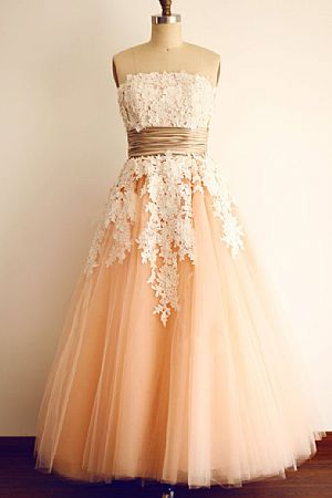 Strapless Pink Tulle Prom Dress with White Applique