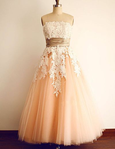 Strapless Pink Tulle Prom Dress with White Applique