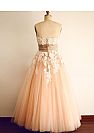 Strapless Pink Tulle Prom Dress with White Applique