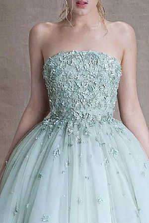 Strapless Mint Green Prom Dress with Floral Applique