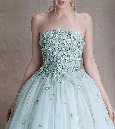 Strapless Mint Green Prom Dress with Floral Applique