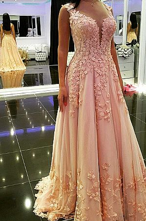 Sexy Pink Floral Appliqued Prom Evening Gowns