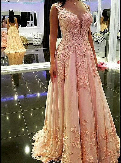 Sexy Pink Floral Appliqued Prom Evening Gowns
