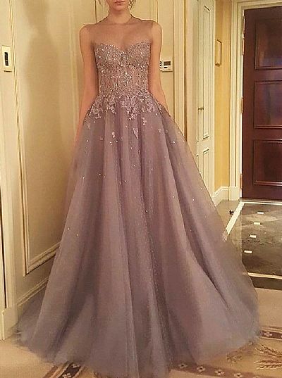 Stunning Light Grey Prom Dress with Beading Applique