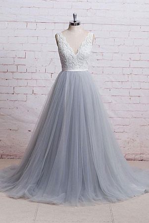 Grey Tulle Evening Dress with Ivory Lace Bodice