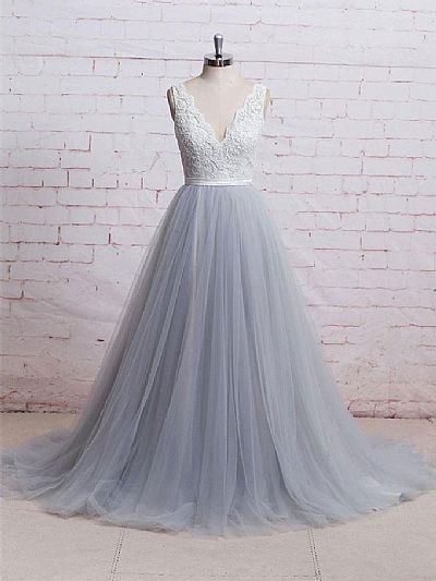 Grey Tulle Evening Dress with Ivory Lace Bodice