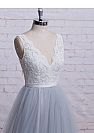 Grey Tulle Evening Dress with Ivory Lace Bodice