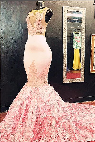 Stunning Pink Illusion Prom Dress with Flower Skirt