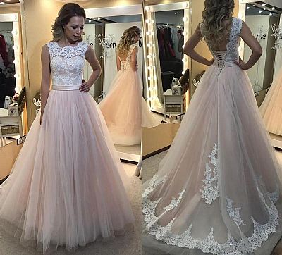 Pink Tulle Prom Gowns with Lace Up Back