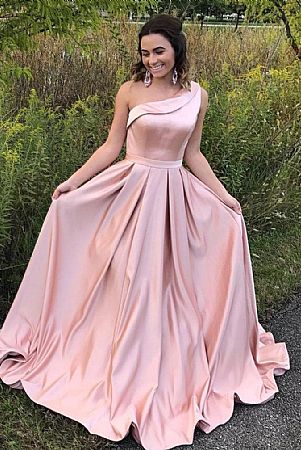 Elegant One Shoulder Pleated Pink Prom Dress