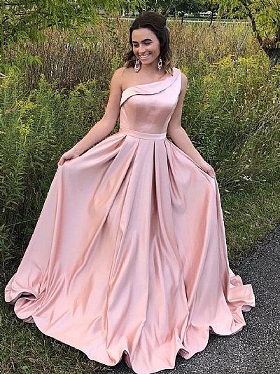 Elegant One Shoulder Pleated Pink Prom Dress