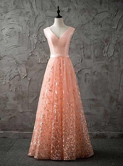 Sexy Peach Lace Prom Dress with Beaded Appliques