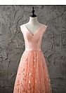 Sexy Peach Lace Prom Dress with Beaded Appliques