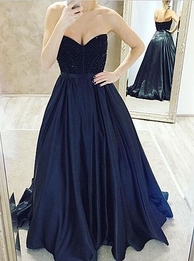 Navy Blue Beaded Evening Dress Pageant Gowns