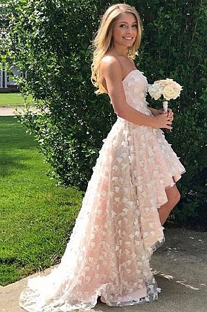 Hi Low Pearl Pink Applique Prom Dress