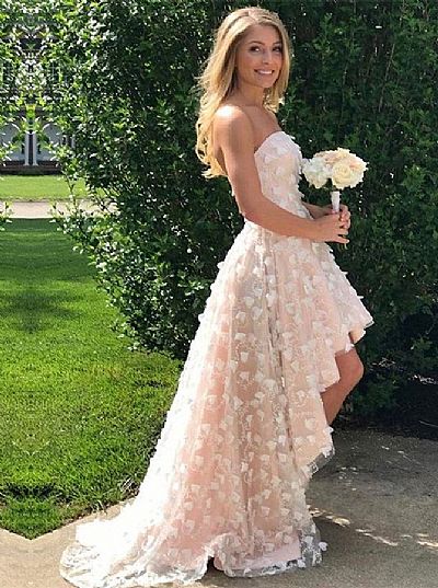 Hi Low Pearl Pink Applique Prom Dress