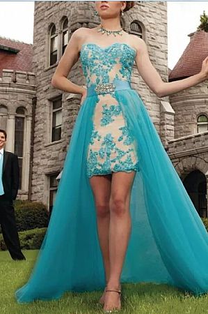 Blue Hi Low Prom Dress with Detachable Train