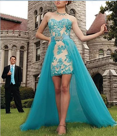 Blue Hi Low Prom Dress with Detachable Train