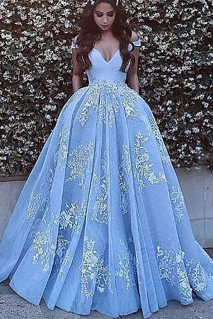Elegant Blue Prom Evening Dress with Floral Appliques
