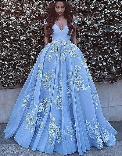 Elegant Blue Prom Evening Dress with Floral Appliques