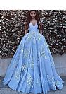 Elegant Blue Prom Evening Dress with Floral Appliques