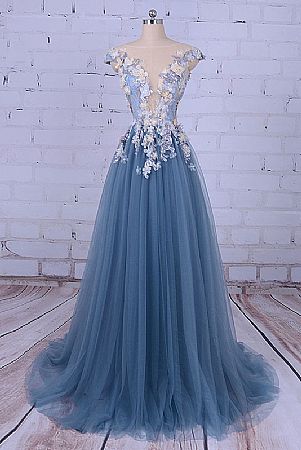 Chic Puffy Blue Evening Dress with Beading Flowers