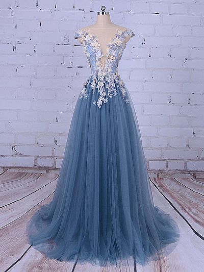 Chic Puffy Blue Evening Dress with Beading Flowers