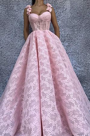 Pleated Pink Applique Ball Gown Prom Dresses