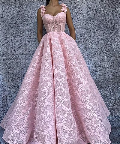 Pleated Pink Applique Ball Gown Prom Dresses