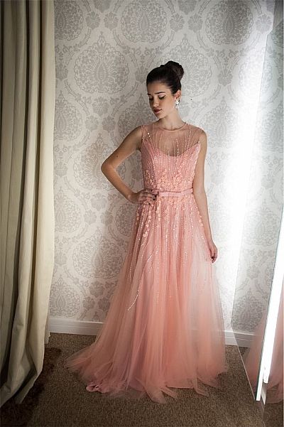 Pink Sheer Beaded Prom Dress with Floral Applique