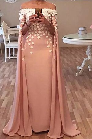 Elegant Dusty Pink Flower Evening Dresses with Cape