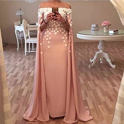 Elegant Dusty Pink Flower Evening Dresses with Cape
