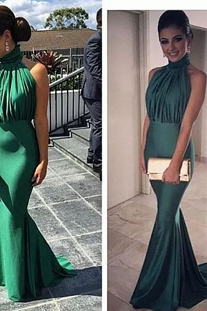 Halter Emerald Green Evening Dresses with Sweep Train