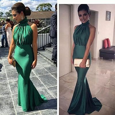 Halter Emerald Green Evening Dresses with Sweep Train