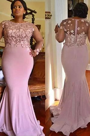 Sheer Pink Flower Prom Dresses with Long Sleeves