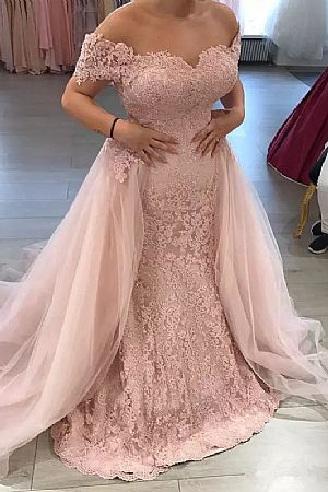 Pink Appliqued Prom Dresses with Detachable Overskirt
