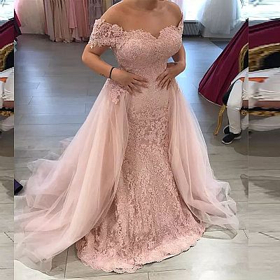 Pink Appliqued Prom Dresses with Detachable Overskirt